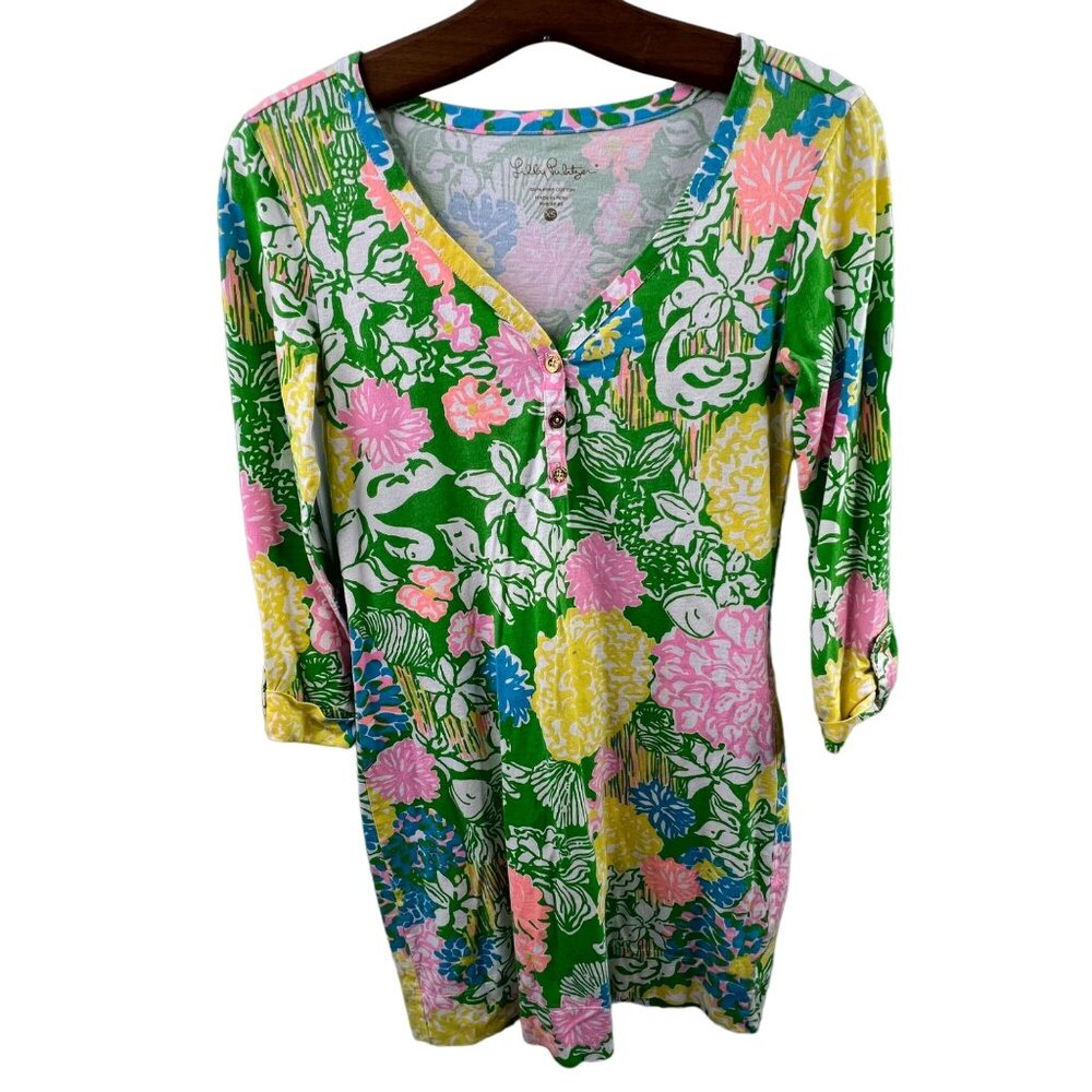 Lilly Pulitzer Tunic Dress Extra Small Multicolor Floral Pima Cotton 3/4 Sleeve